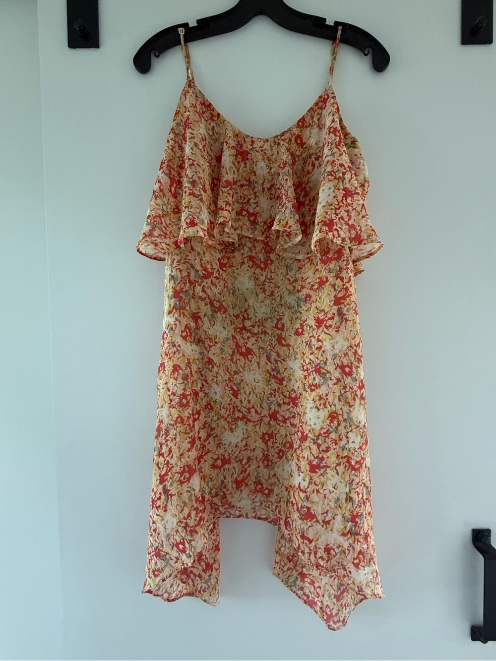 BCBGeneration Coral and Cream Floral Asymmetrical Ruffle Dress